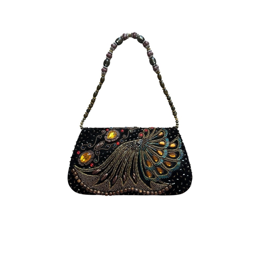 Unique Beaded Black Peacock-Embellished Shoulder Bag New